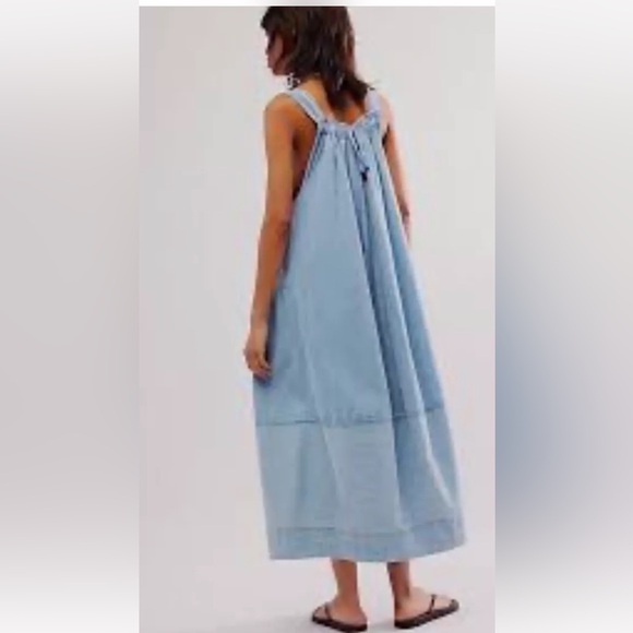 Free People Machu Barrel Midi Maxi Dress Denim Pockets Chambray Blue - Picture 2 of 6
